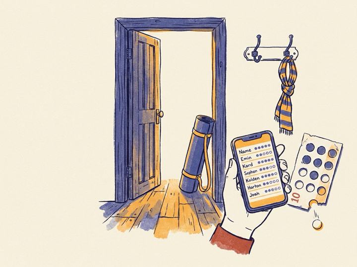 Ink drawing of a studio doorway in morning light, a rolled mat, a coat hook and a paper 10-class punch card with a punched circle falling